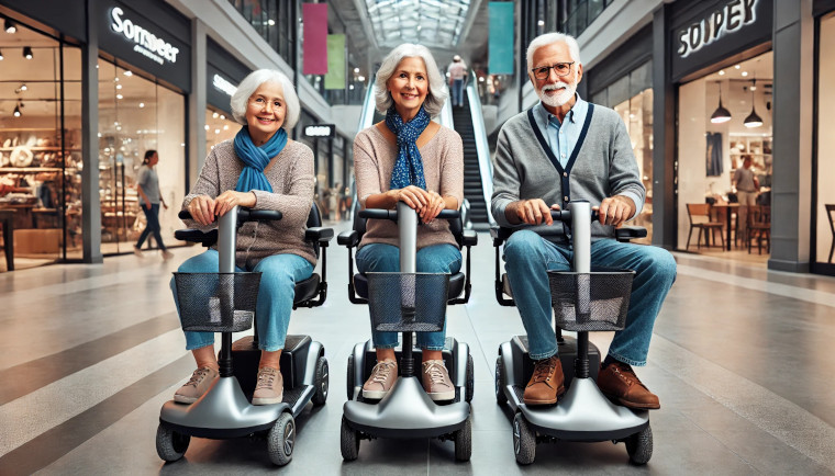 3 people on their mobility scooters inside of a shopping preceinct
