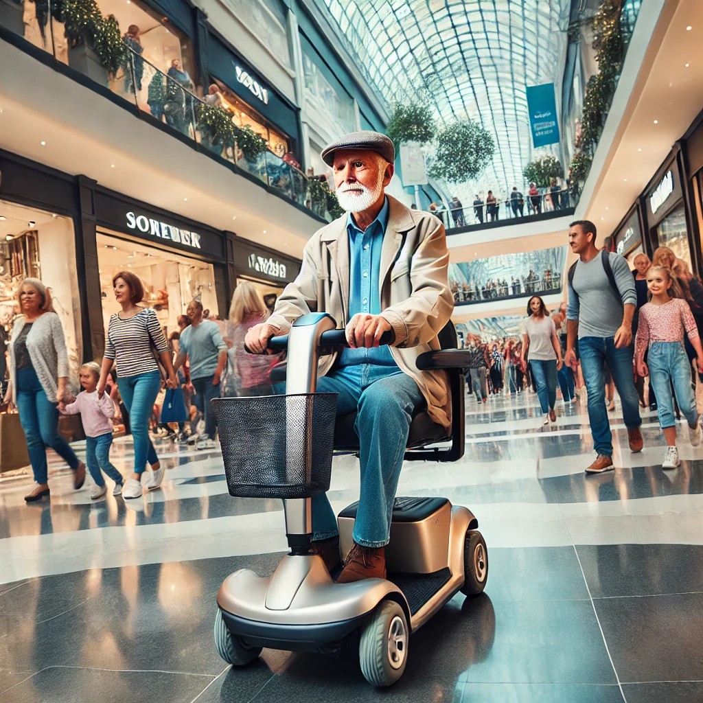 Elderly man driving mobility scooter